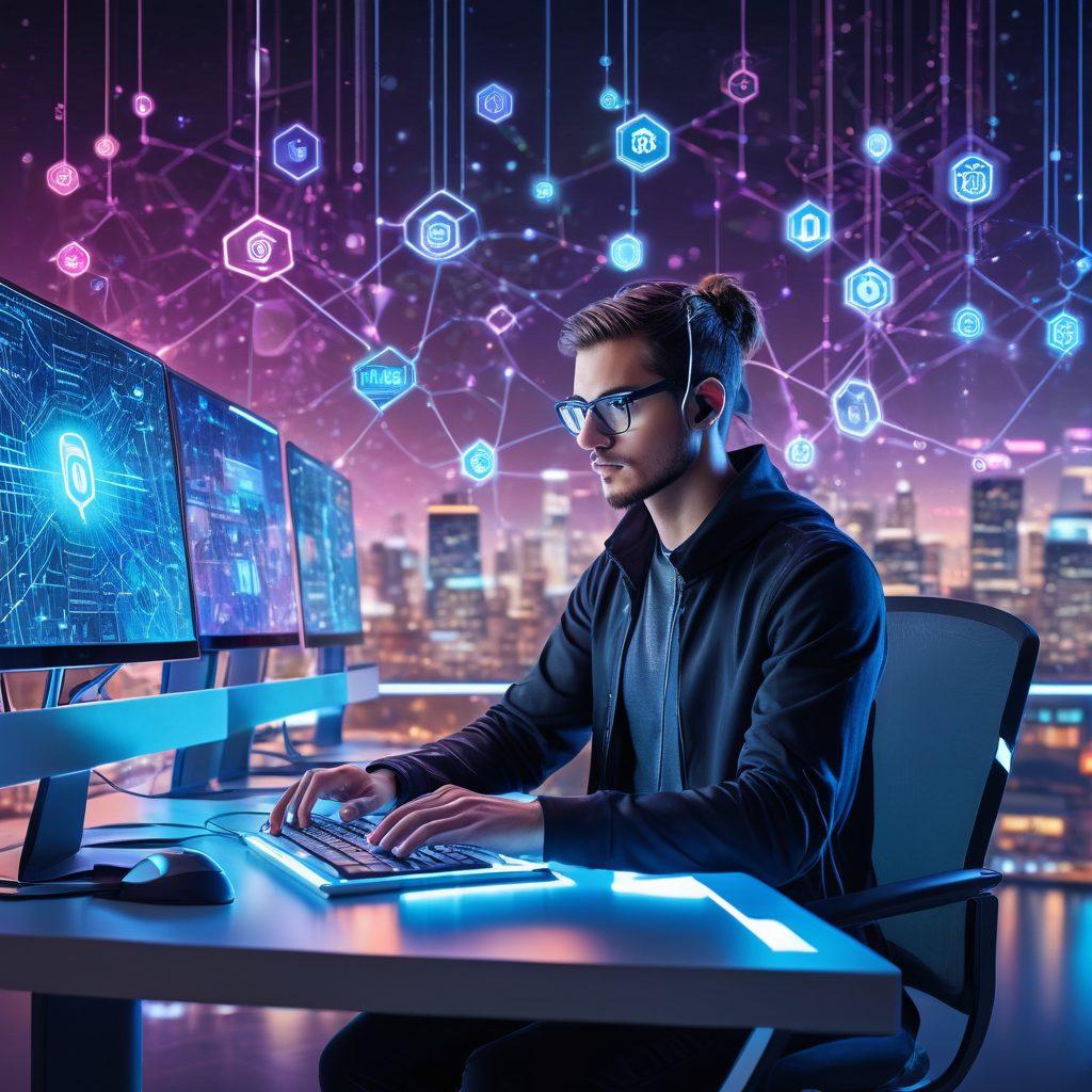 A dynamic scene featuring a futuristic web developer at a sleek computer station, surrounded by floating holographic icons representing various online solutions (websites, mobile apps, SEO, and cloud services). The background showcases a digital cityscape with interconnected nodes symbolizing connectivity and success in the digital realm. super-realistic. vibrant colors. tech-savvy atmosphere.
