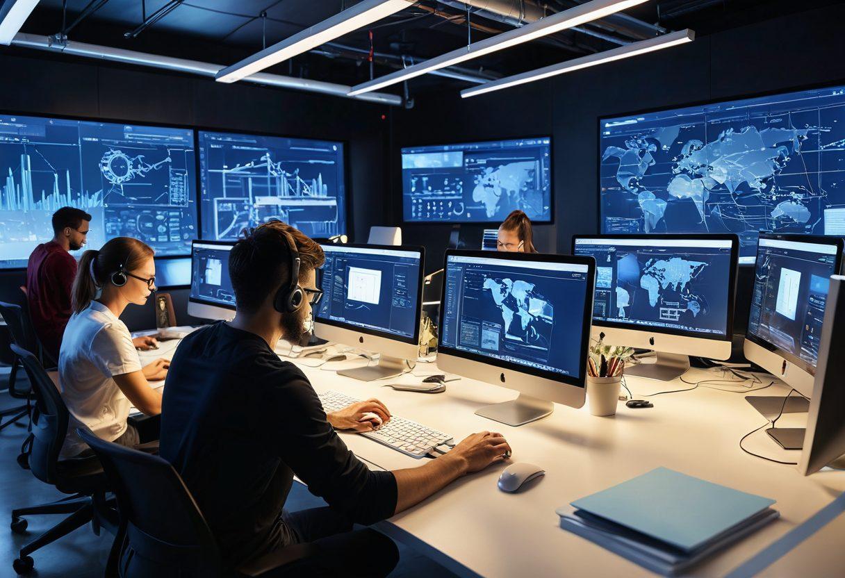 A dynamic team of web designers and developers collaborating in a high-tech workspace with computers, blueprints, and digital tools. They transform abstract ideas into seamless, interactive website interfaces, with a 'concept to click' journey illustrated through various digital stages visualized on screens. super-realistic. vibrant colors. modern office setting.