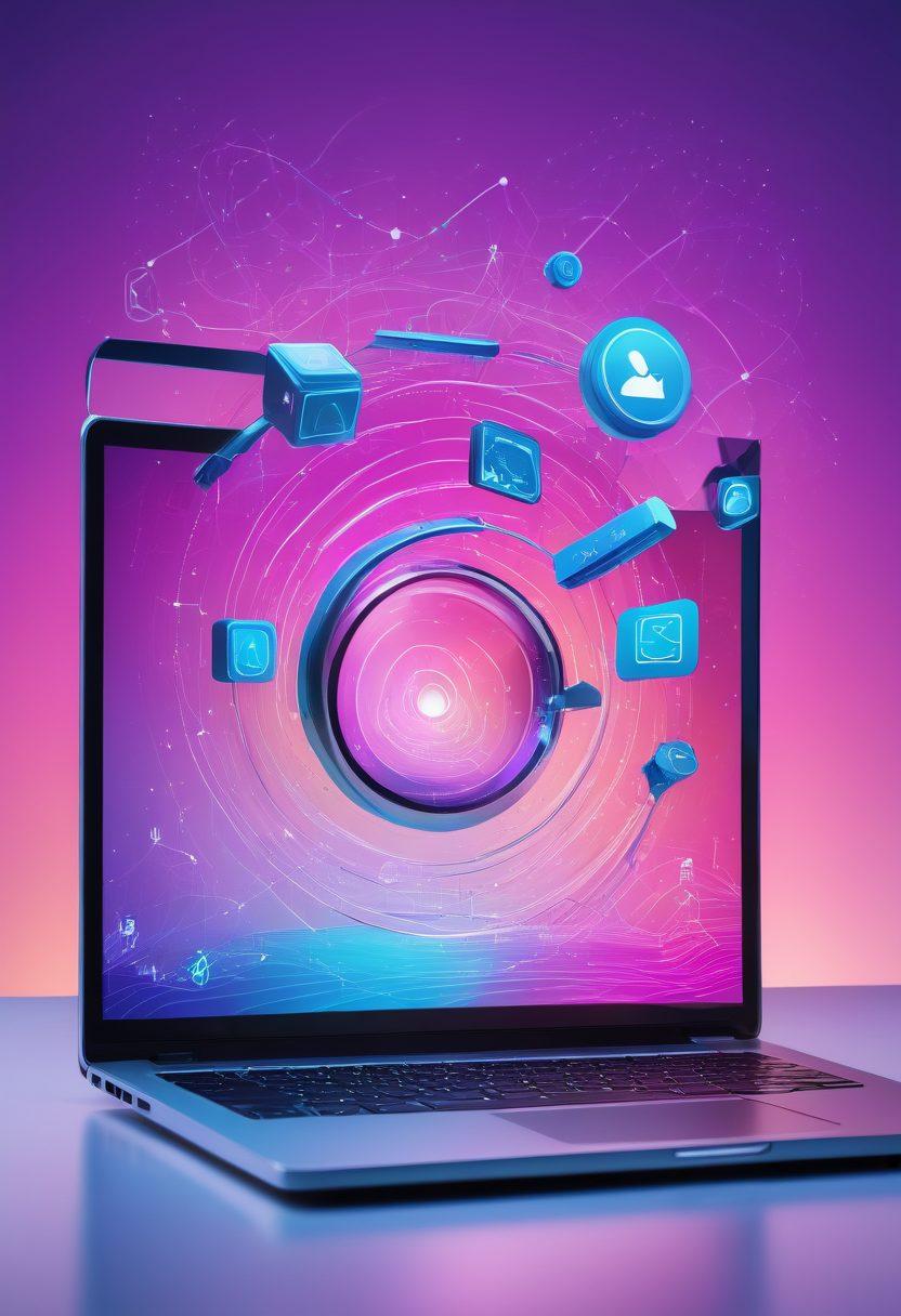 A bustling digital world with interconnected devices, websites, and social media icons swirling around a central figure representing Elxic, who is holding tools like a magnifying glass, a laptop with code, and a graph showing growth. The background features a gradient of vibrant blues and purples. super-realistic. vibrant colors. futuristic. white background.